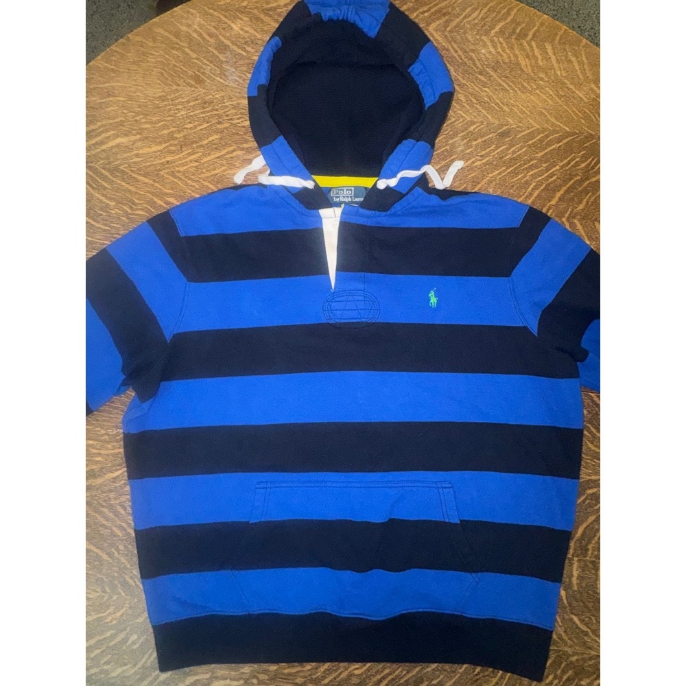 Polo Ralph Lauren Hooded Rugby Shirt XXL Navy Royal Blue Stripe Pullover - Picture 6 of 12